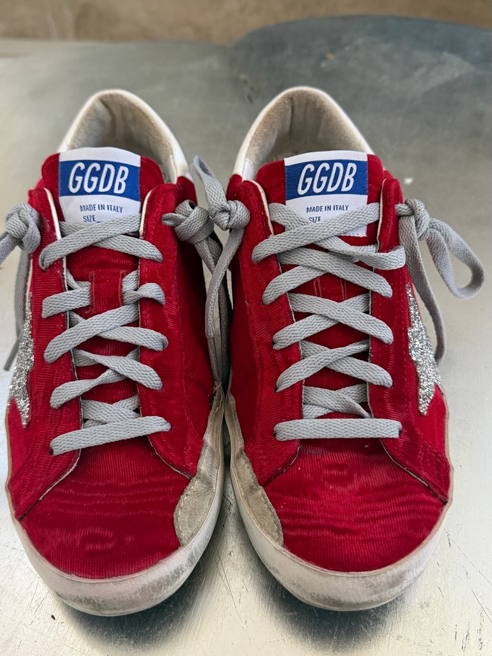 Golden Goose Red Velvet Sneakers with Silver Glitter Star - Picture 2 of 9